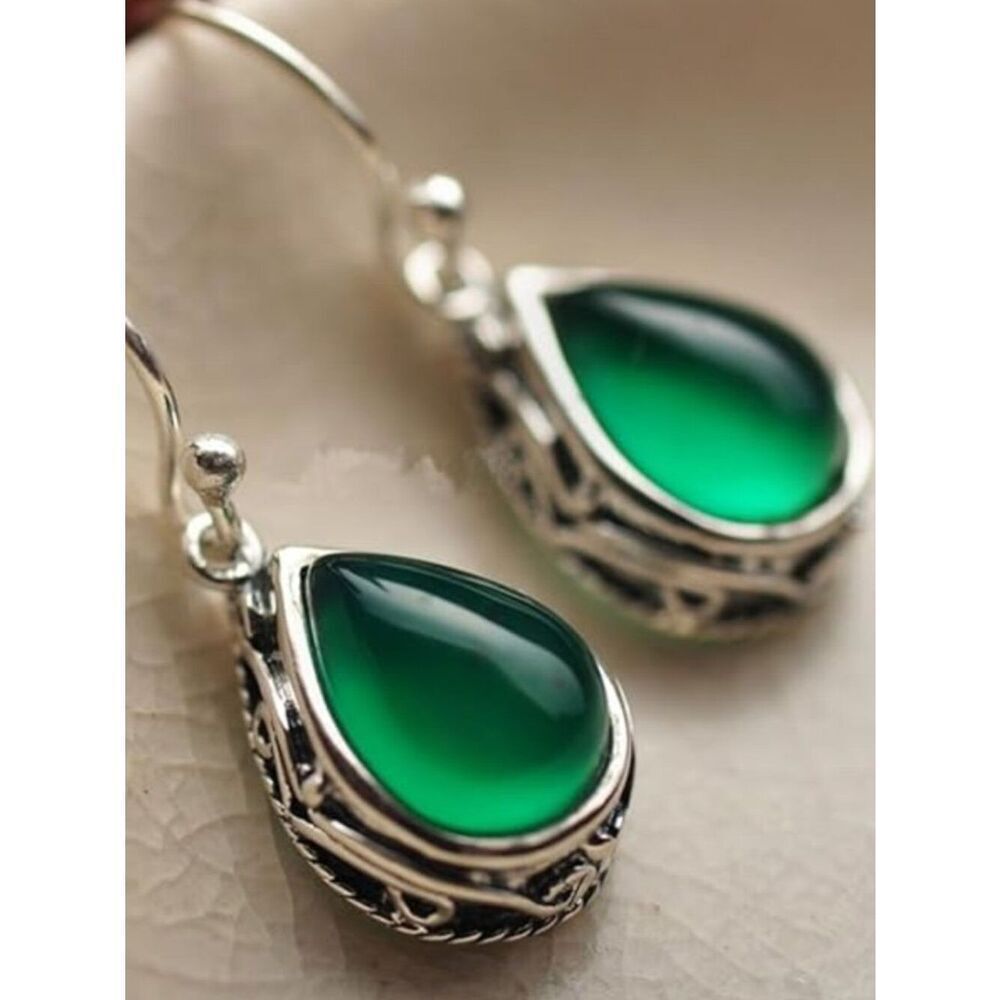 Engraved Teardrop Earrings Inlaid Colored Cubic Zirconia in Vintage Green Dangle